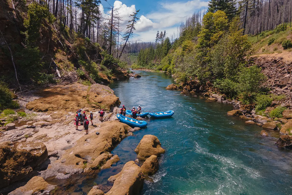 Scenic view of the Umpqua River guided whitewater rafting 2-day adventure with Sun Country Tours in the Southern Cascades of Oregon